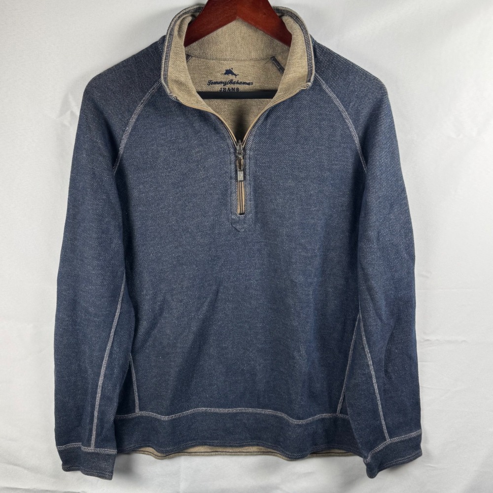 Tommy Bahama Jeans Mens Blue Marled Quarter Zip Pullover Sweater Large